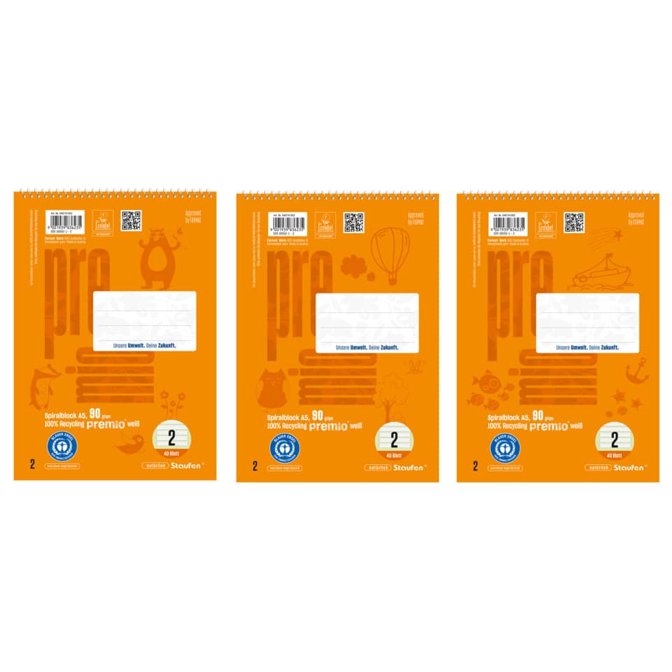 Spiralblock Premio, Spiralbindung Kopf, 90 g/qm, A5, 4/4/4mm liniert, LIN2, 40 Blatt STAUFEN PREMIO 040741002 STAUFEN PREMIO 040741002 LIN2