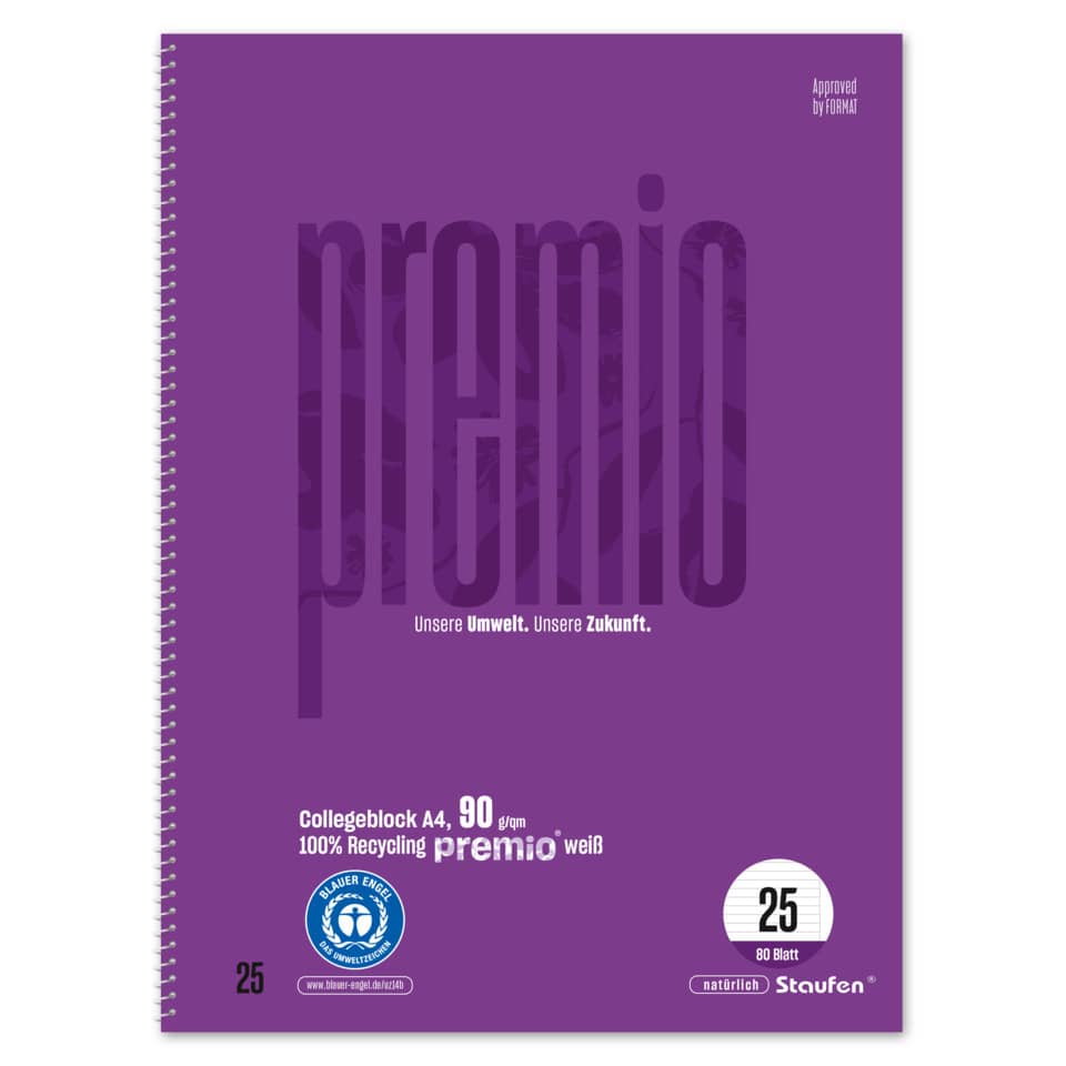 Collegeblock Premio, 90 g/qm, DIN A4, 9mm liniert mit Rand, 80 Blatt STAUFEN PREMIO 040835025