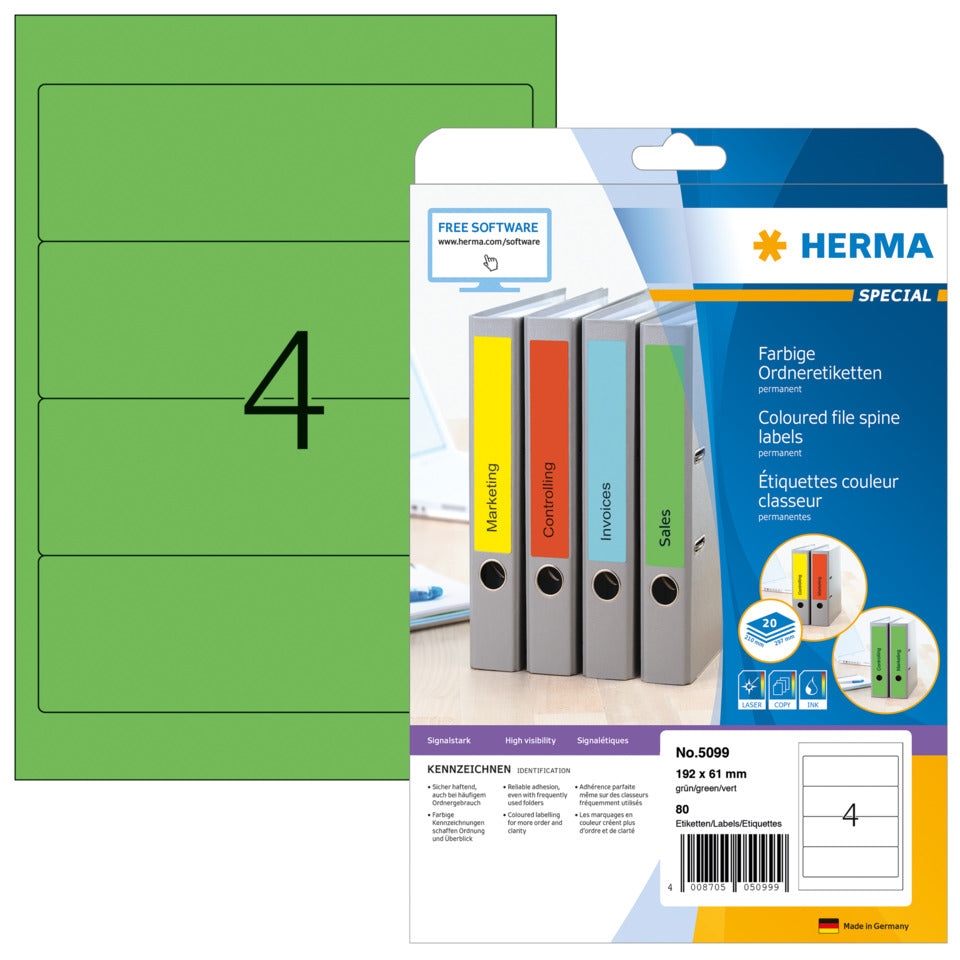 Ordnerrückenschild permanent, 61 x 192 mm, breit/kurz, 80 Stück, grün HERMA 5099 HERMA 5099 f OrdnerBB