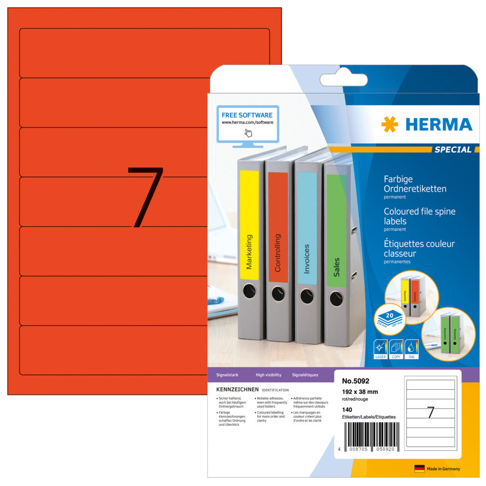 Ordnerrückenschild permanent, 38 x 192 mm, schmal/kurz, 140 Stück, rot HERMA 5092 HERMA 5092 f OrdnerBB