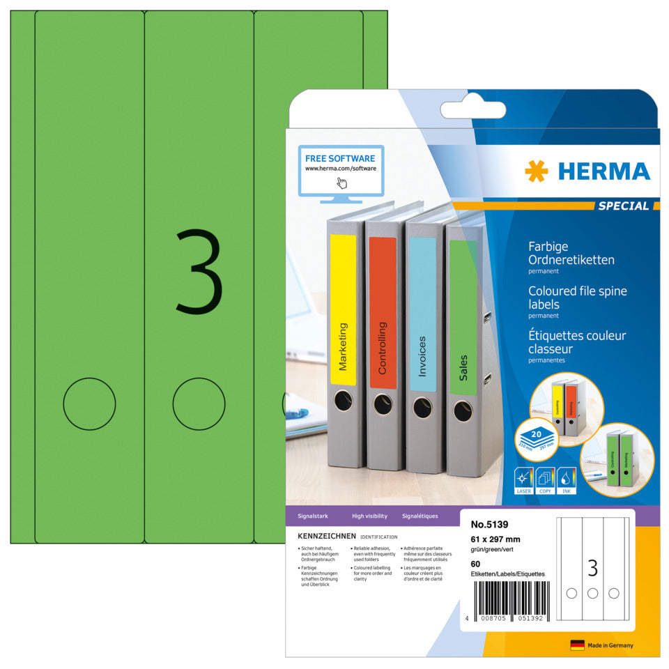Ordnerrückenschild permanent, 61 x 297 mm, breit/lang, 60 
Stück, grün HERMA 5139 HERMA 5139 Besorgung