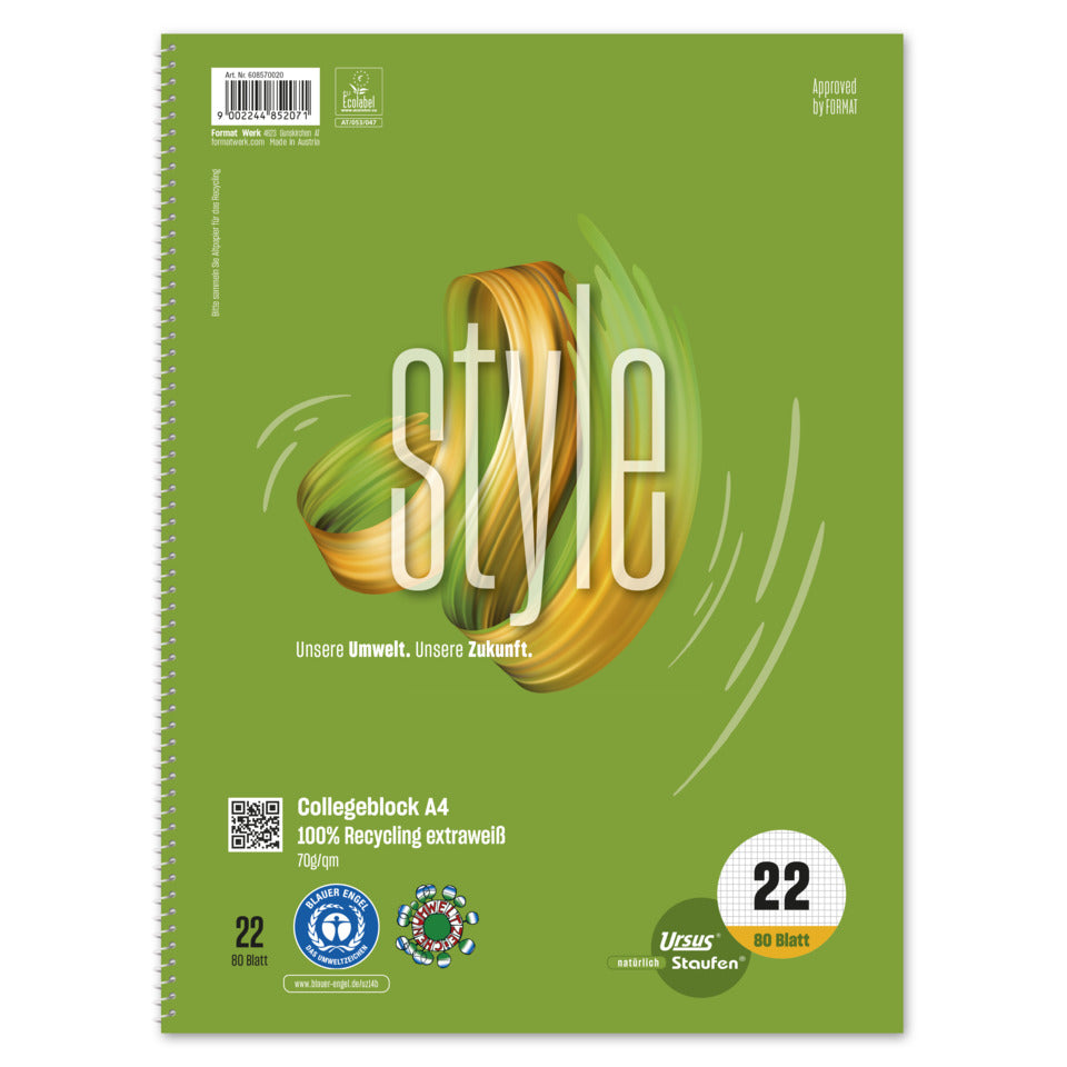 Collegeblock, A4, 70g/m², 80 Blatt, Lin.22, kariert ohne Rand STAUFEN STYLE 608570020