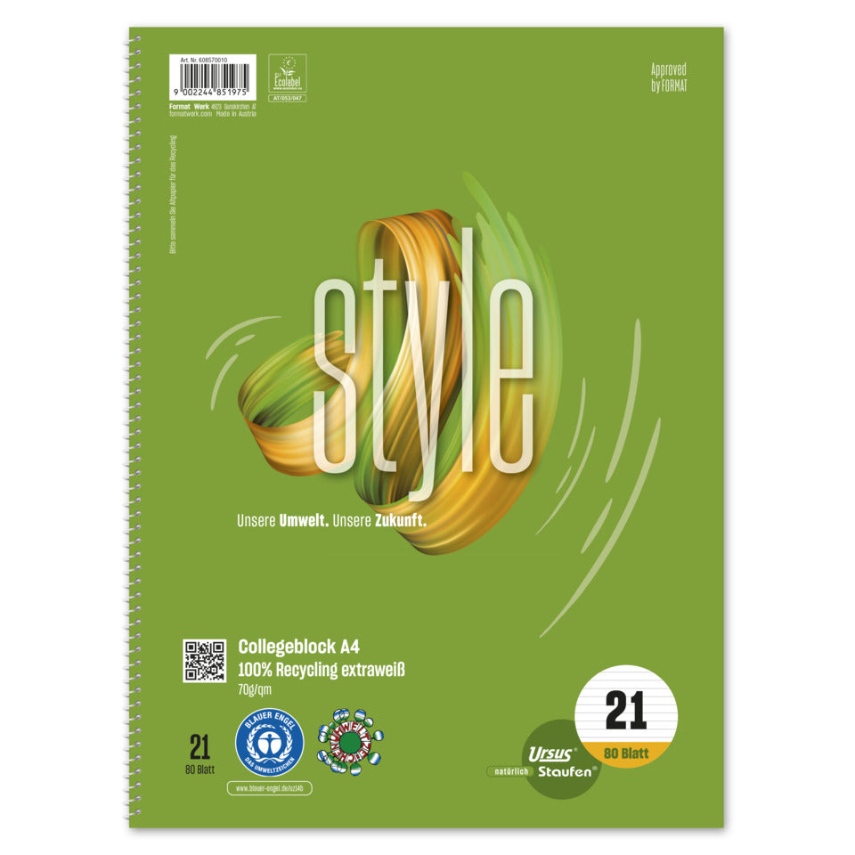 Collegeblock, A4, 70g/m², 80 Blatt, Lin.21, liniert STAUFEN STYLE 608570010