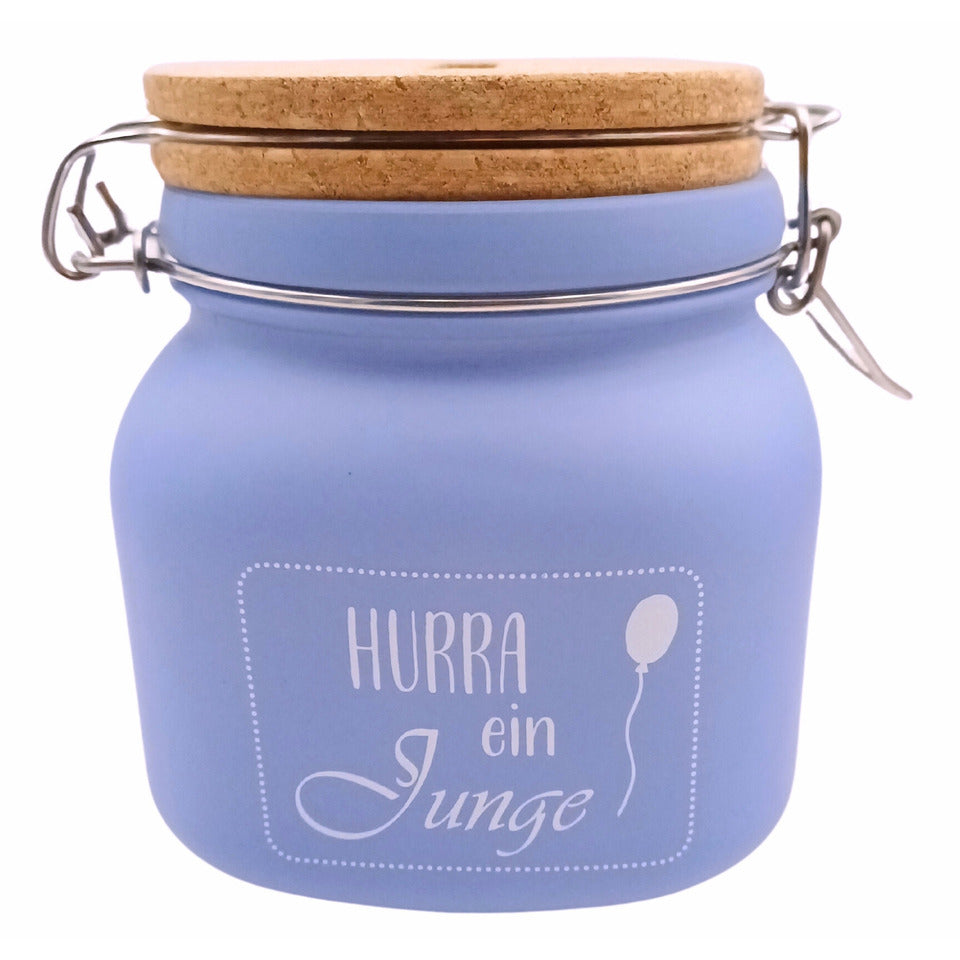 Spardose Hurra ein Junge, 11 x 12 x 11 cm, Glas, blau HERGO 8924 HERGO 8924 11x12x11cm
