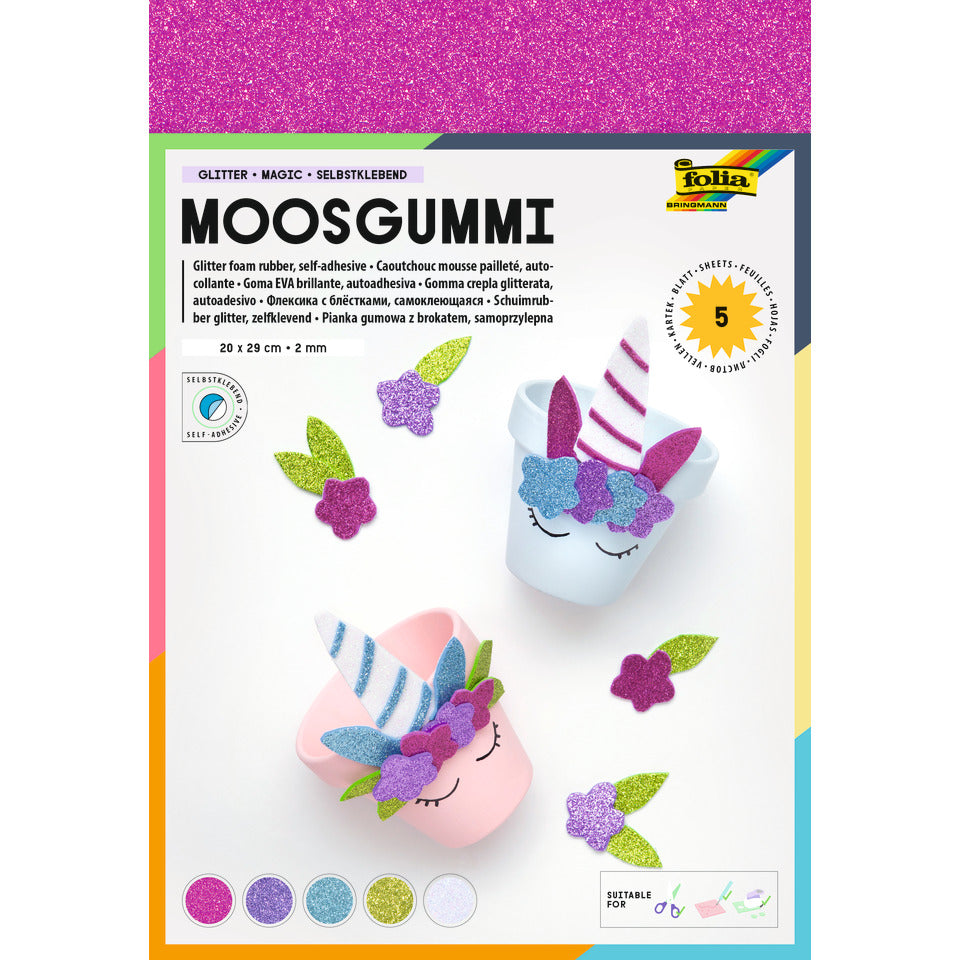 Moosgummi Glitter, 20 x 29 cm, selbstklebend, 5 Stück, sortiert FOLIA 231909 FOLIA 231909  20x29cm  5Bl