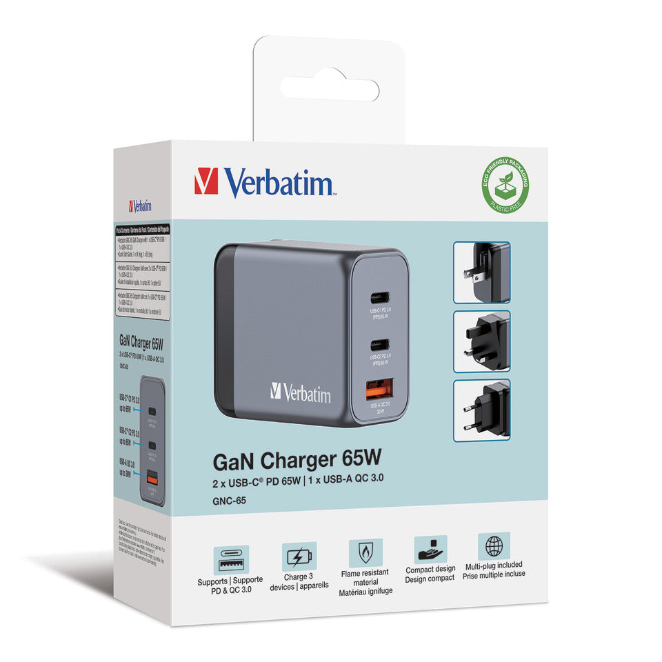 Ladegerät Steckdose, 1x USB-A/2x USB-C, 65 Watt VERBATIM 32201 VERBATIM 32201 GNC-65 GaN 65Watt