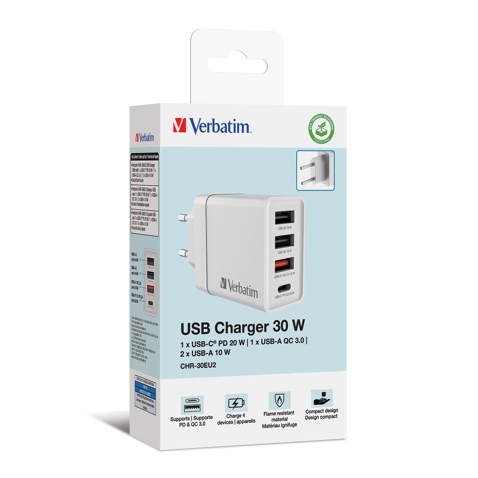 Ladegerät Steckdose 3x USB-A/1x USB-C, 30 Watt VERBATIM 49701 VERBATIM 49701 CHR-30EU2 GaN 30Watt