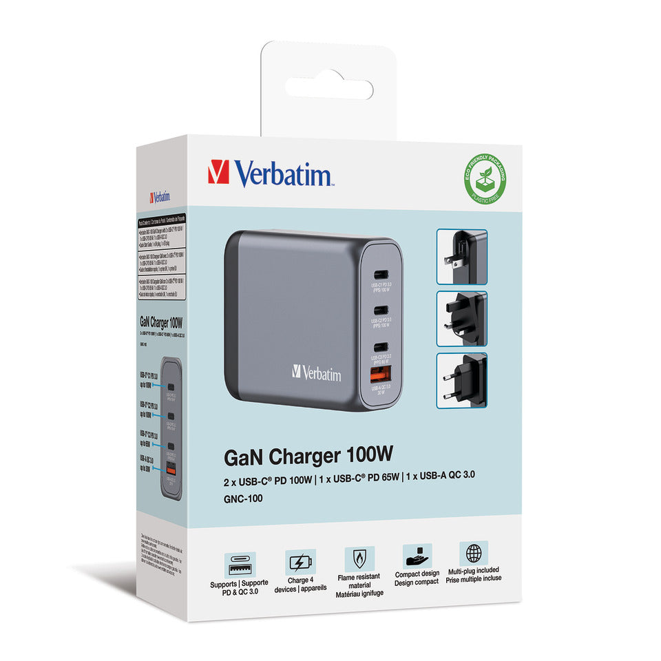Ladegerät Steckdose, 1x USB-A/3x USB-C, 100 Watt VERBATIM 32202 VERBATIM 32202 GNC-100 GaN 100Watt