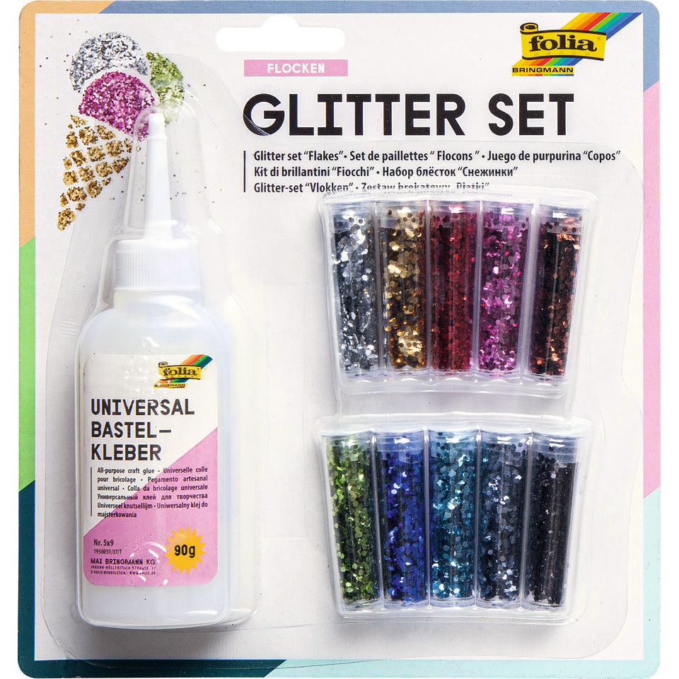 Glitterset Flocken 10Ds+1Deko-Kleber 90g, sortiert FOLIA 589 FOLIA 589  +1Deko-Kleber 90g