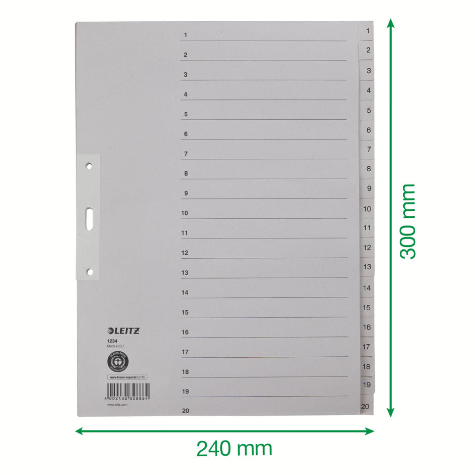 Papierregister 1-20, A4, Papier, 20 Blatt, grau LEITZ 1234-00-85 LEITZ 12340085 Papier 20tlg.