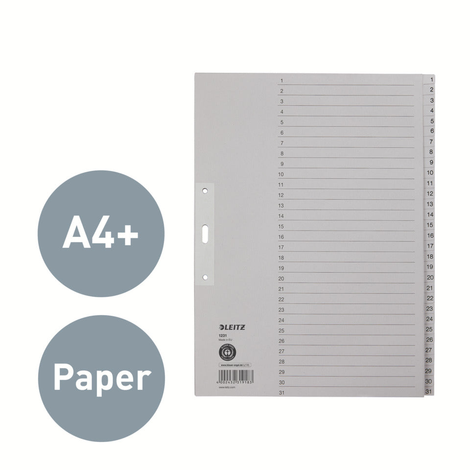 Papierregister 1-31, A4, Papier, 31 Blatt, grau LEITZ 1231-00-85 LEITZ 12310085 Papier 31tlg.