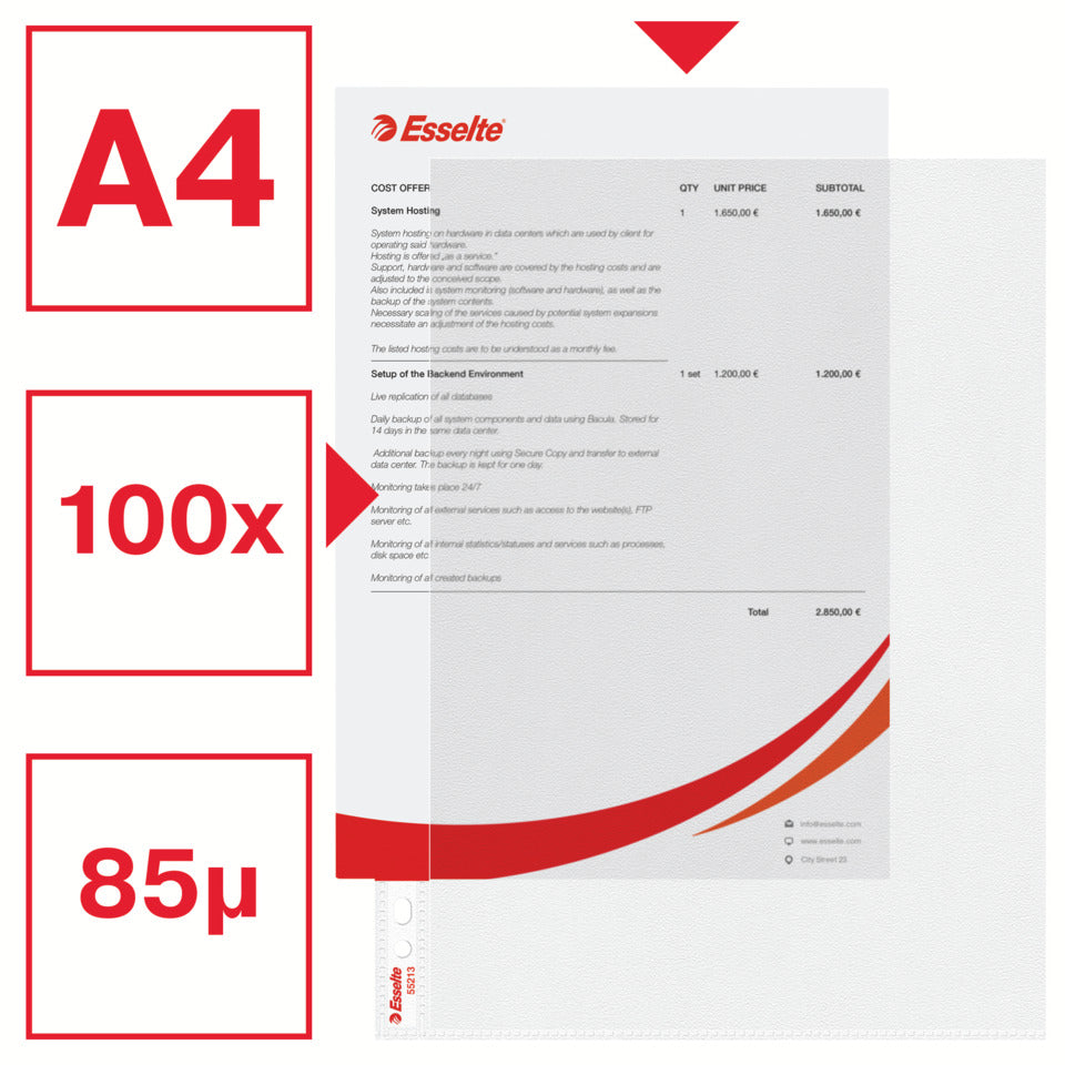 Prospekthülle Standard Plus, A4, PP, genarbt, dokumentenecht, 100 Stück, farblos ESSELTE 55213 ESSELTE 55213 85mym