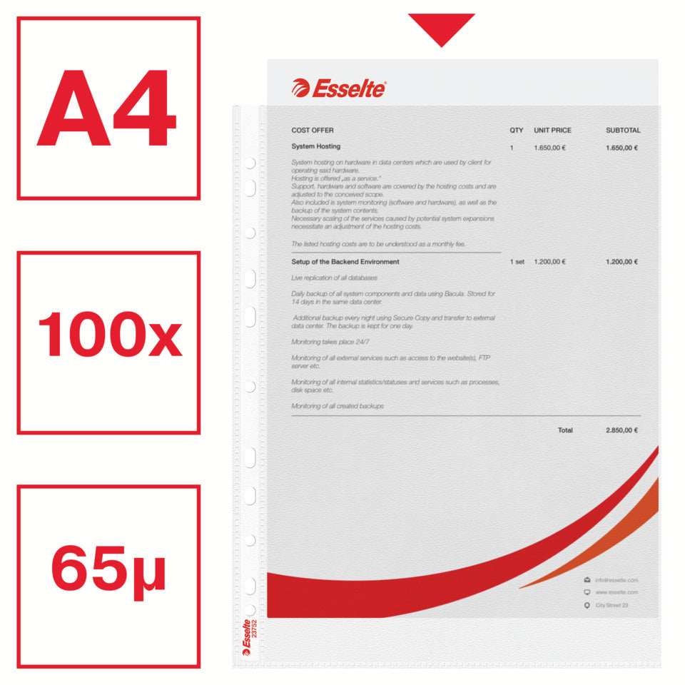 Prospekthülle Standard, A4, PP, genarbt, dokumentenecht, 100 Stück, farblos ESSELTE 23752 ESSELTE 23752 100ST 0,07mm
