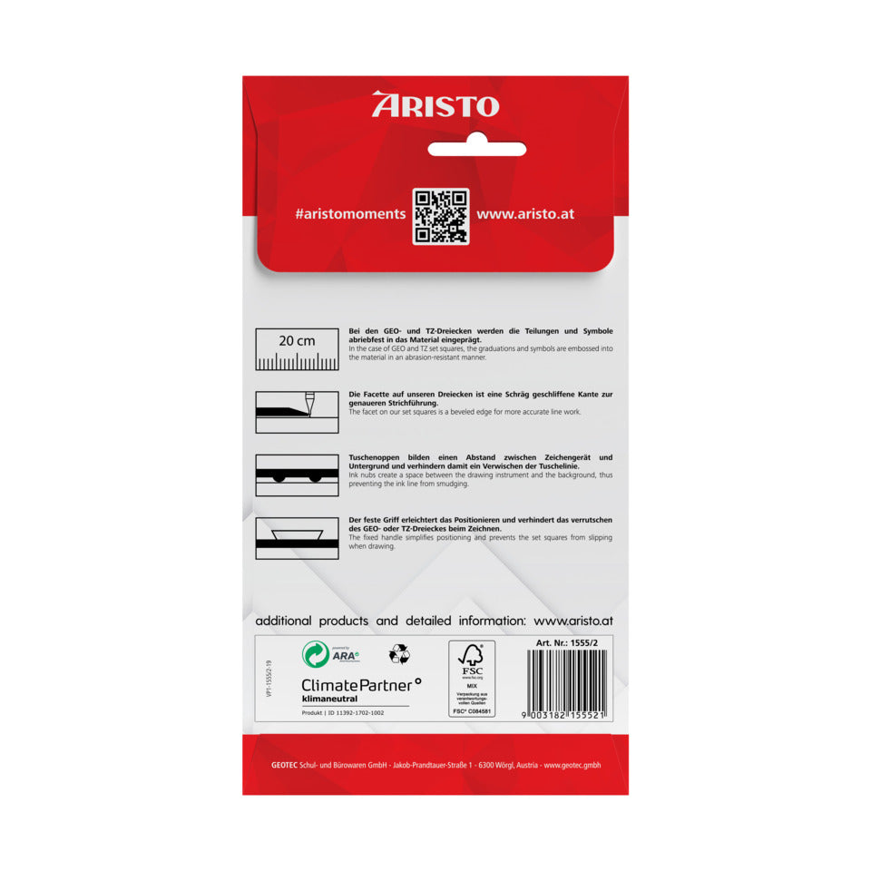 Geodreieck® 22.5 cm, mit Griff, Facette an Hypotenuse, Tuschenoppen ARISTO AR1555/2