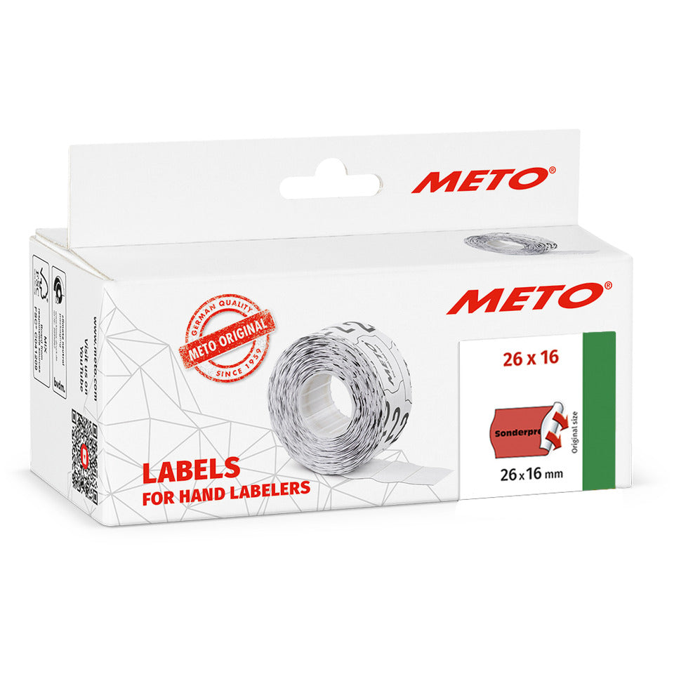 Auszeichnungsetiketten permanent, 26 x 16 mm, 6 Rollen, rot METO 30013411 METO 30013411 permanent SONDERPREIS