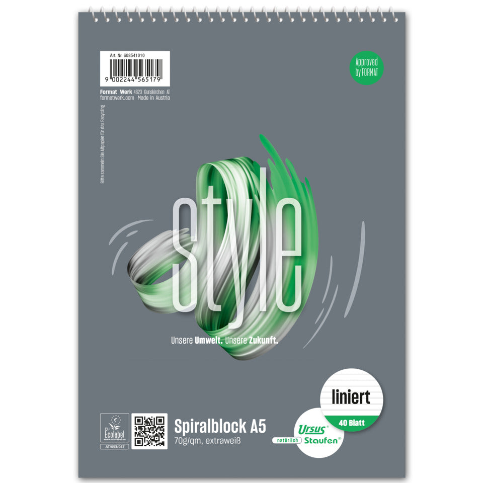 Spiralblock, A5, 70g/m², 40 Blatt, liniert STAUFEN STYLE 608541010 STAUFEN STYLE 608541010 ECF 70g