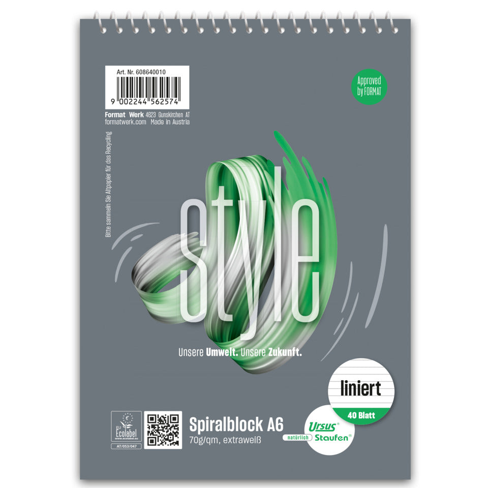 Spiralblock, A6, 70g/m², 40 Blatt, liniert STAUFEN STYLE 608640010 STAUFEN STYLE 608640010 perf ECF 70g