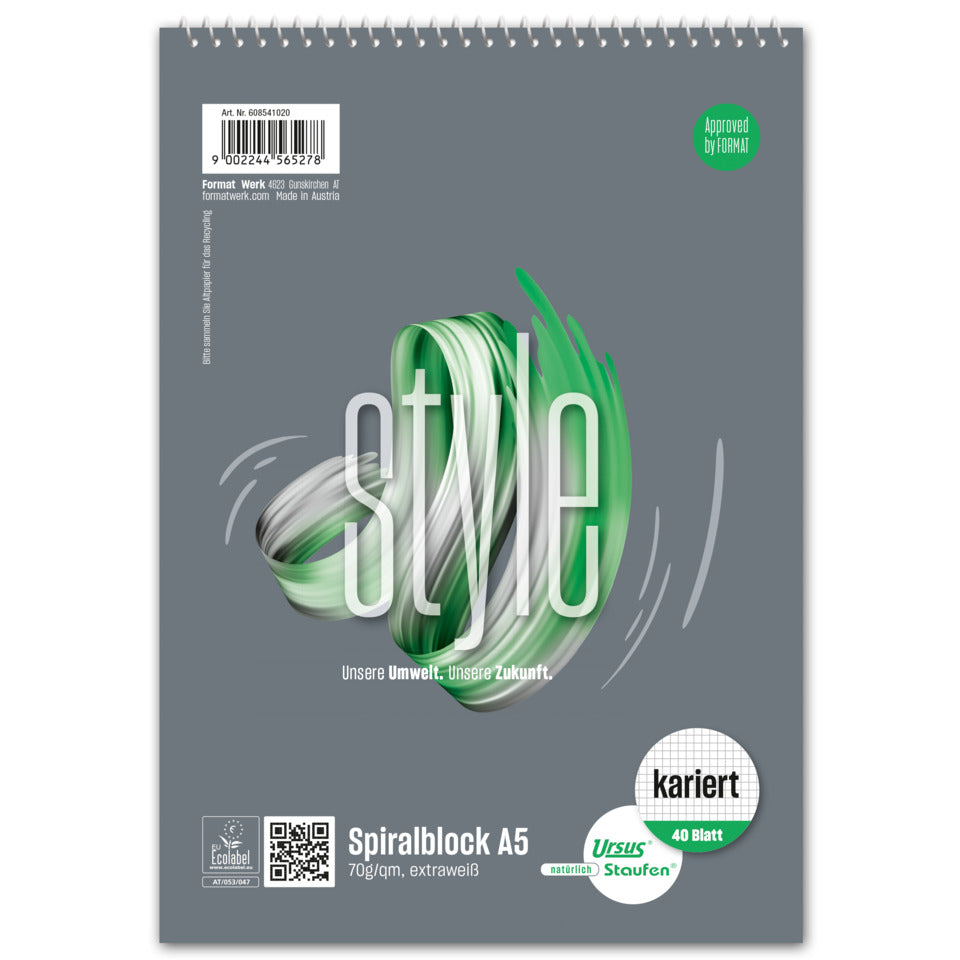 Spiralblock, A5, 70g/m², 40 Blatt, kariert perforiert STAUFEN STYLE 608541020 STAUFEN STYLE 608541020 ECF 70g
