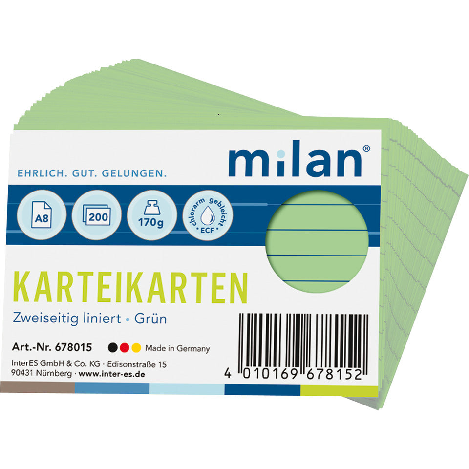Karteikarte, A8, 200 Stück, liniert, grün MILAN 678015 MILAN 678015 200St