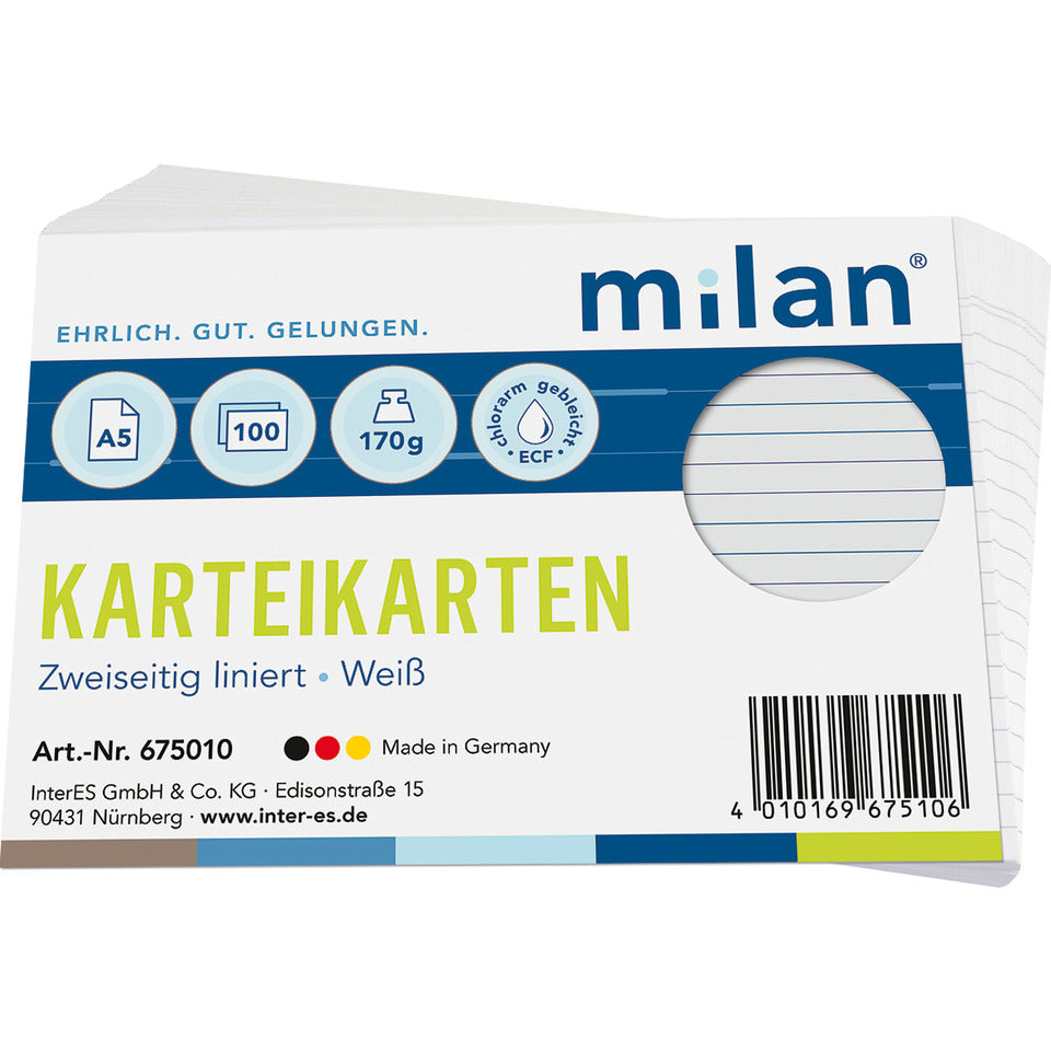 Karteikarte, A5, 100 Stück, liniert, weiß MILAN 675010 MILAN 675010 100St