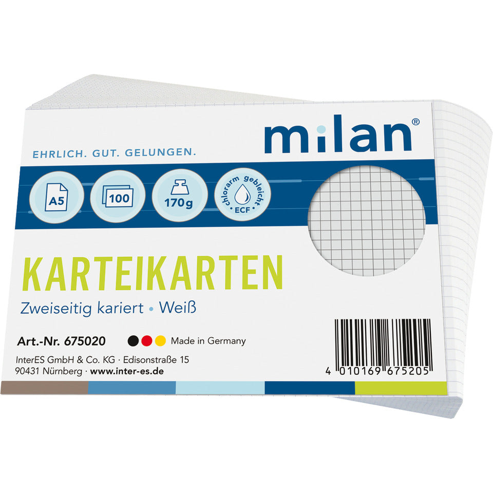Karteikarte, A5, 100 Stück, kariert, weiß MILAN 675020 MILAN 675020 100St