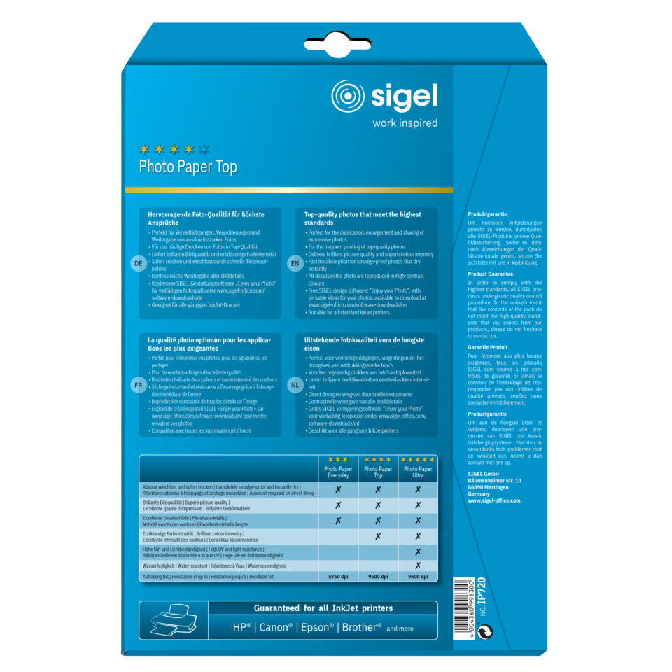 Inkjet Papier Professional, A4, 190g/m², 20 Blatt, weiß SIGEL IP720 SIGEL IP720 2 seitig 190g