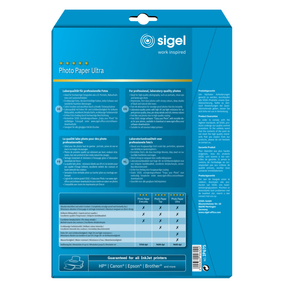 Inkjet Fotopapier Ultra, A4, 180g/m², 20 Blatt, weiß SIGEL IP675 SIGEL IP675 glossy 20BL 180g