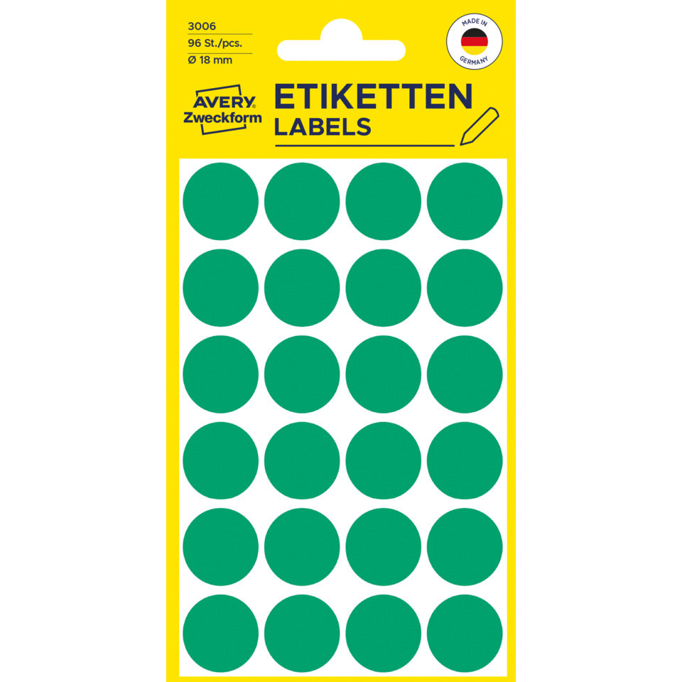 Markierungspunkte, Ø18mm, 96 Stück, grün AVERY ZWECKFORM 3006 ZWECKFORM 3006 permanent haftend