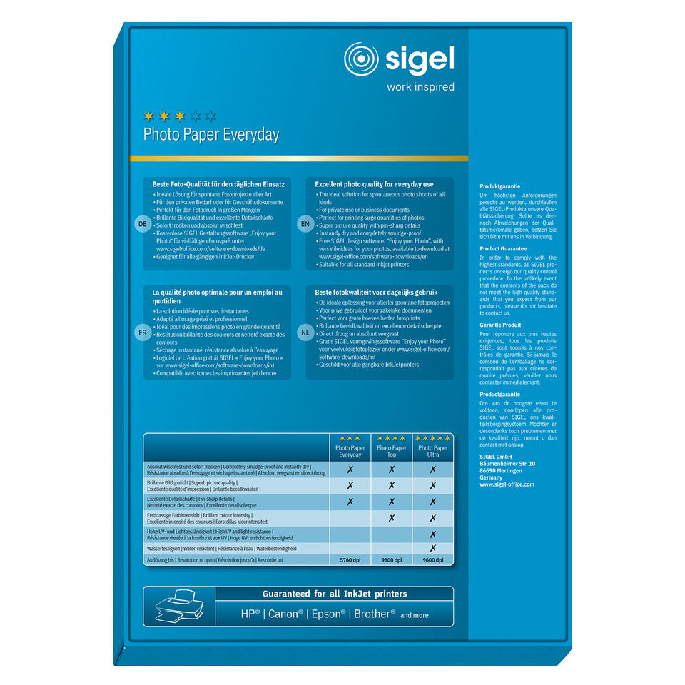 Inkjet Fotopapier Everyday, A4, 170g/m², 100 Blatt, weiß SIGEL IP715 SIGEL IP715 Everyday 170g