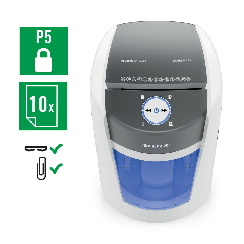 Aktenvernichter IQ OptiMax Office P5, weiß LEITZ 8360-00-00 LEITZ 8360-00-00 Mikro-Partikel