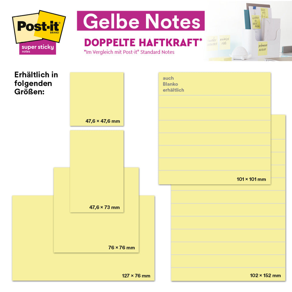 Haftnotizblock Super Sticky Notes, 76x76mm, 90 Blatt, gelb POST-IT 6920SS-CY