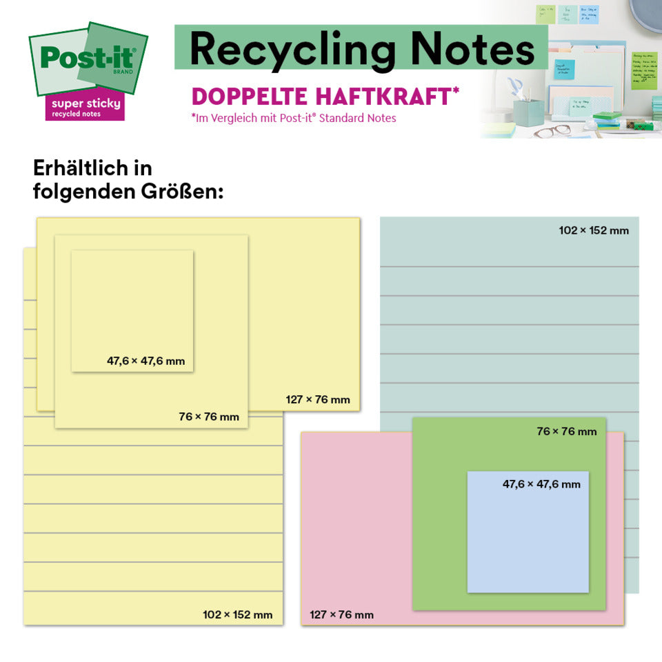 Haftnotizblock Super Sticky Recycling Notes aus 100% recyceltem Papier, 76x76 mm, gelb, 3 x 70 Blatt POST-IT 654 RSS3CY POST-IT 654 RSS3CY 76x76mm Super Sticky