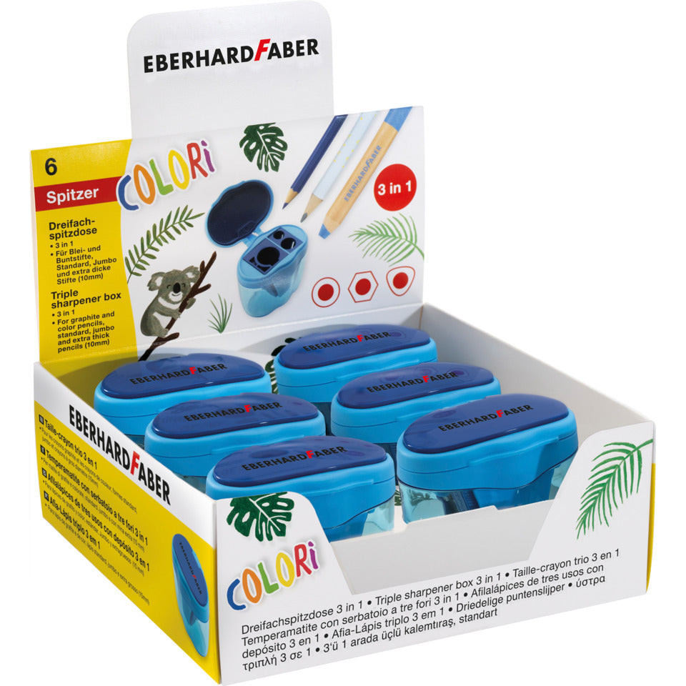 Dosenspitzer dreifach für alle gängigen Stiftformen mit Stiftdurchmesser 8-15mm Colori blau EBERHARD FABER 585149 EBERHARD FABER 585149 im Display