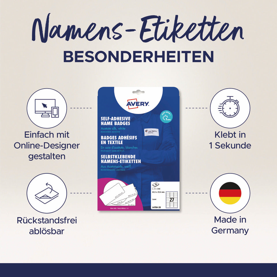 Namensetiketten, 63,5x29,6mm, 540 Stück, weiß AVERY ZWECKFORM L4784-20 ZWECKFORM L4784-20  m.Rd.540ST