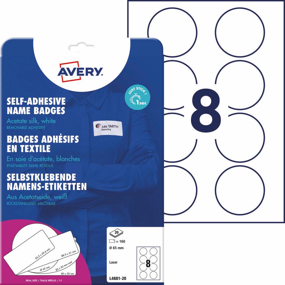 Namensetiketten, Ø65mm, 120g/m², 160 Stück, weiß AVERY ZWECKFORM L4881-20 AVERY ZWECKFORM L4881-20 rund
