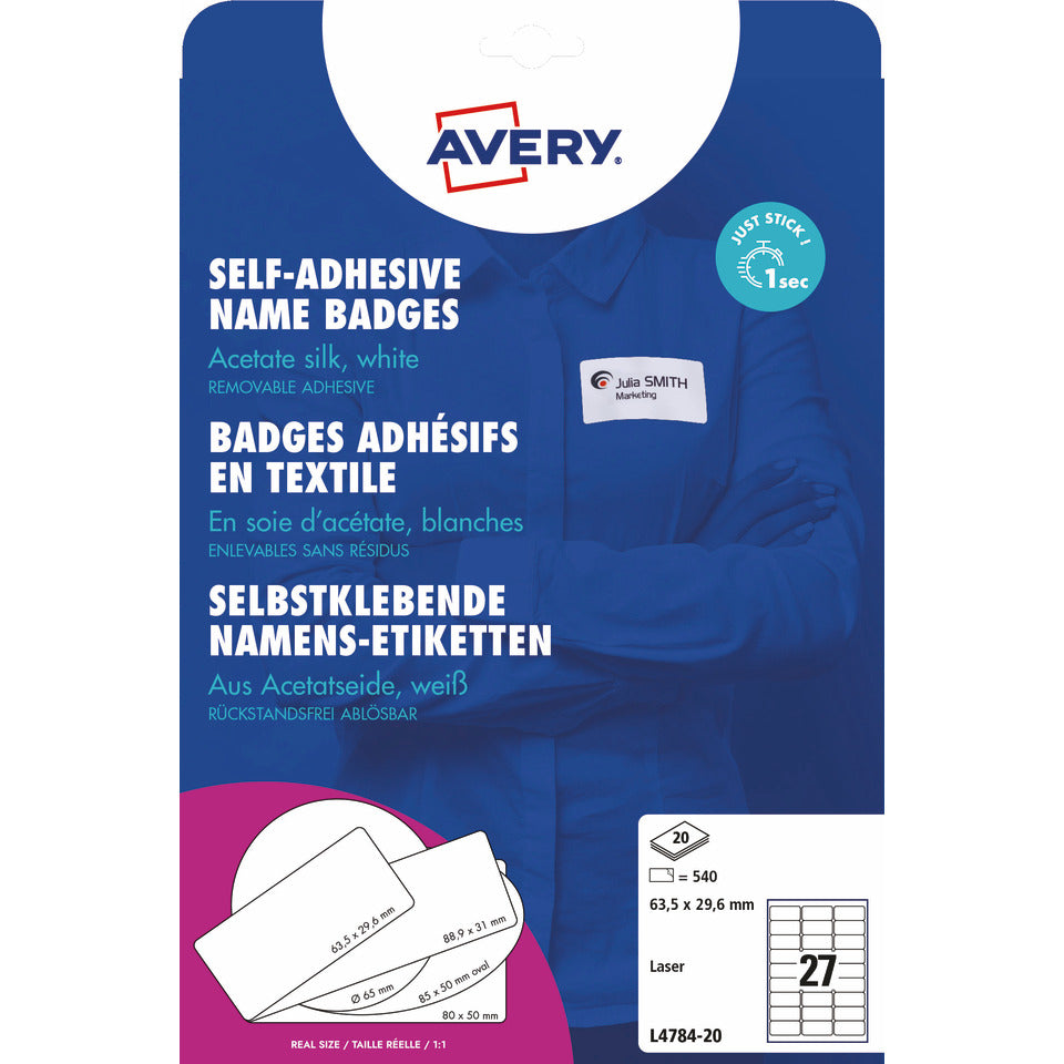 Namensetiketten, 63,5x29,6mm, 540 Stück, weiß AVERY ZWECKFORM L4784-20 ZWECKFORM L4784-20  m.Rd.540ST
