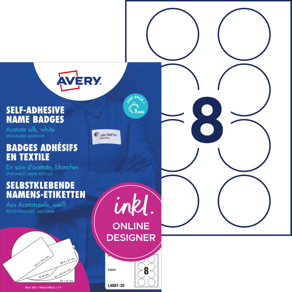Namensetiketten, Ø65mm, 120g/m², 160 Stück, weiß AVERY ZWECKFORM L4881-20 AVERY ZWECKFORM L4881-20 rund
