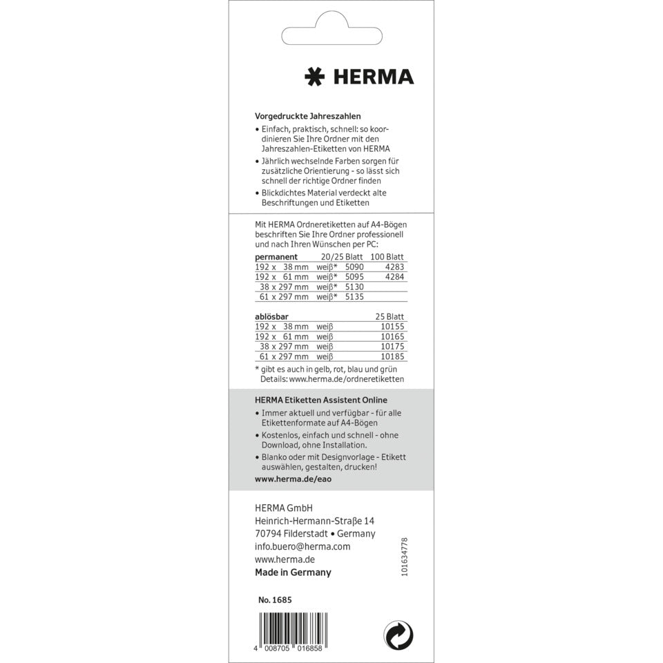 Ordnerrückenschild 2025, 60 x 26 mm, 100 Etiketten, permanent, rot HERMA 1685 HERMA 1685 60x26mm permanent