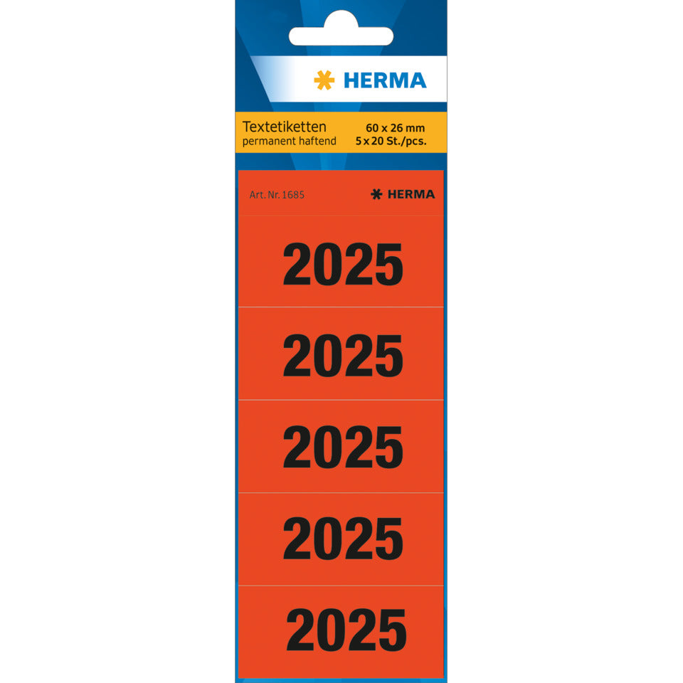 Ordnerrückenschild 2025, 60 x 26 mm, 100 Etiketten, permanent, rot HERMA 1685 HERMA 1685 60x26mm permanent