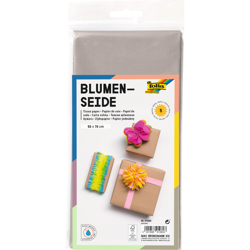 Blumenseide, 50 x 70 cm, 20g/m², 5 Bogen, grau (80) FOLIA 91080 FOLIA 91080  20g  5Bg