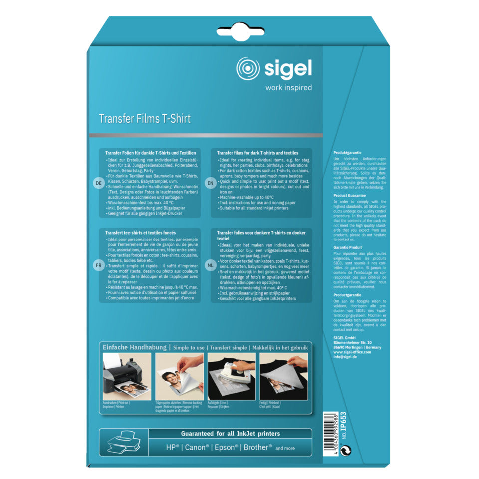Bügelfolie Inkjet für dunkle Textilien, A4, 110g/m², 10 Blatt SIGEL IP653 SIGEL IP653 f. dunkle Textilien