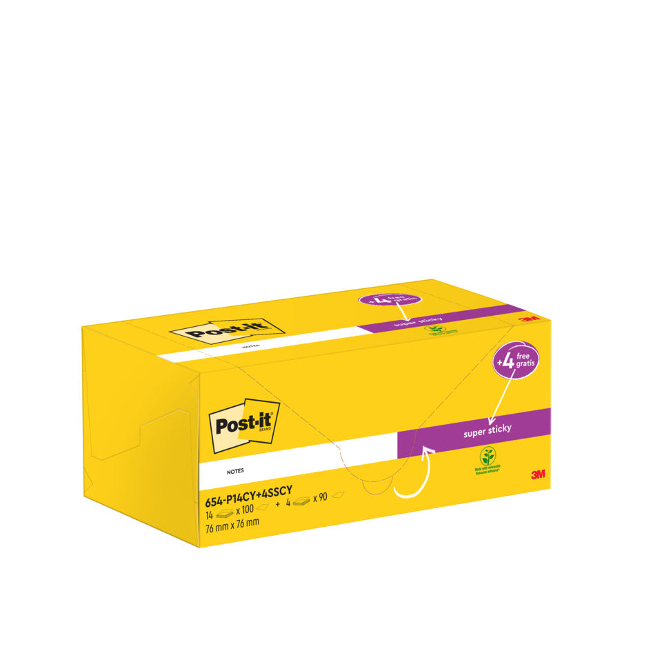 Haftnotizblock Promotion, 76x76mm, 100 Blatt, gelb, 14 Blöcke + 4St S.Sticky gratis POST-IT 654-P14CY+4SSCY POST IT 654-P14CY+4SSCY