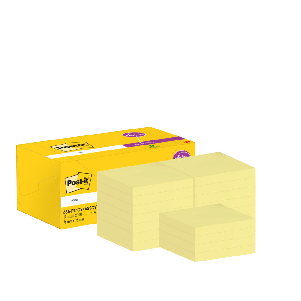 Haftnotizblock Promotion, 76x76mm, 100 Blatt, gelb, 14 Blöcke + 4St S.Sticky gratis POST-IT 654-P14CY+4SSCY POST IT 654-P14CY+4SSCY