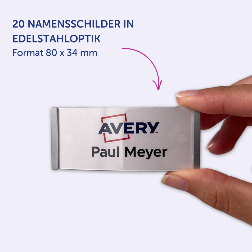Namensschilder, 80 x 34 mm, 20 Schilder / 80 Einsteckschilder / 5 Bögen AVERY ZWECKFORM POL35MA66-20DR