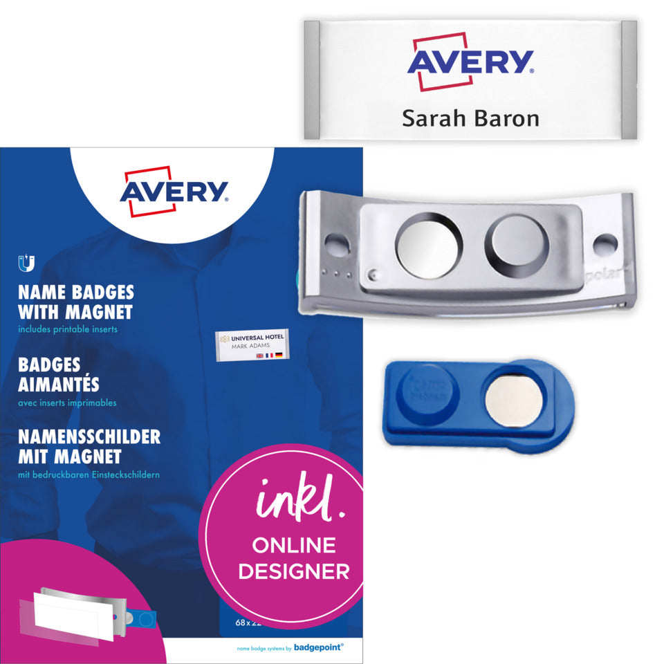 Namensschilder, 80 x 34 mm, 10 Schilder / 32 Einsteckschilder / 2 Bögen AVERY ZWECKFORM POL35MA66-10DR