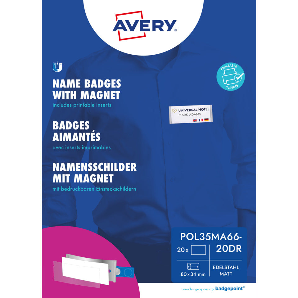 Namensschilder, 80 x 34 mm, 20 Schilder / 80 Einsteckschilder / 5 Bögen AVERY ZWECKFORM POL35MA66-20DR
