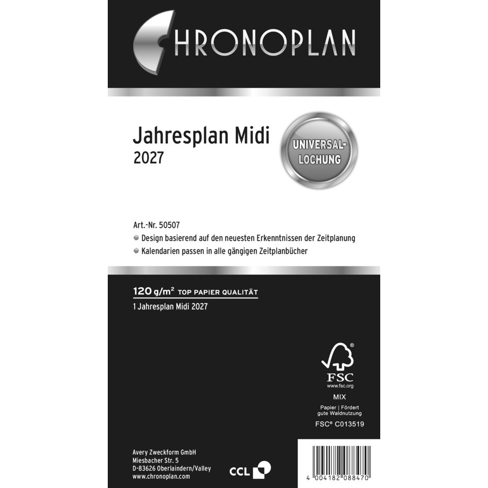 Monatsplan Midi 2027, 9,6 x 17,2 cm, 1M/1S CHRONOPLAN 50507