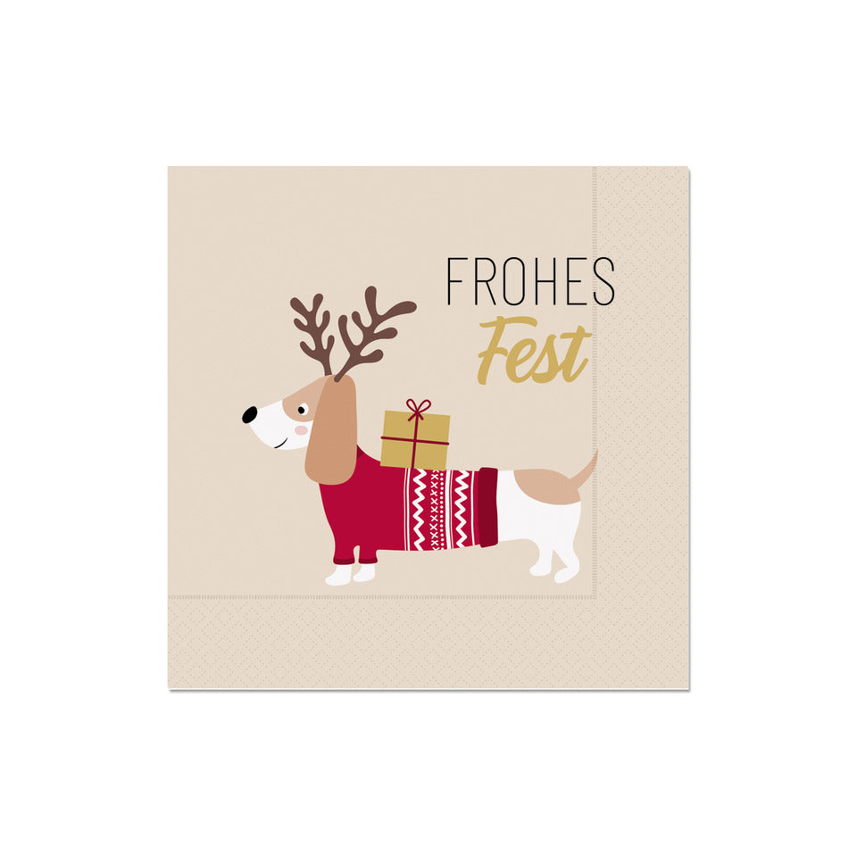 Weihnachts-Zelltuchserviette Happy Christmas Dackel - Frohes Fest, 33 x 33 cm, 3-lagig FÜR DICH 130162 FÜR DICH 130162 Happy Christmas  33 cm