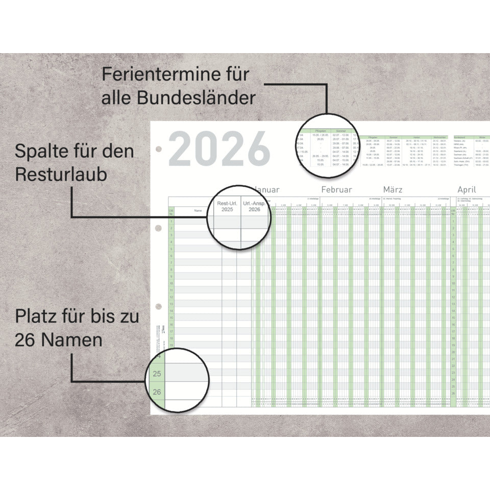 Urlaubsplaner 2026 - 26 Mitarbeiter, 100 x 29,7 cm, A4 gefalzt, grün RNK 2910/26 RNK 2910/26 zum Auffalten