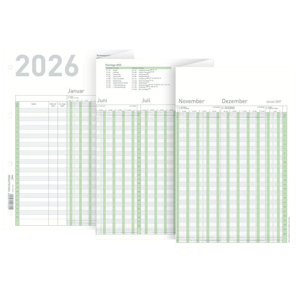 Urlaubsplaner 2026 - 26 Mitarbeiter, 100 x 29,7 cm, A4 gefalzt, grün RNK 2910/26 RNK 2910/26 zum Auffalten